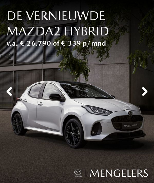 Mengelers Mazda2 Hybrid in de showroom - mobile banner